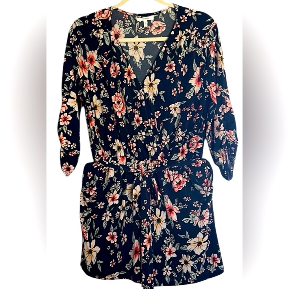 MAURICES Navy Blue/Coral/Green/White  Floral Long Sleeve Romper, Sz Small, EUC.